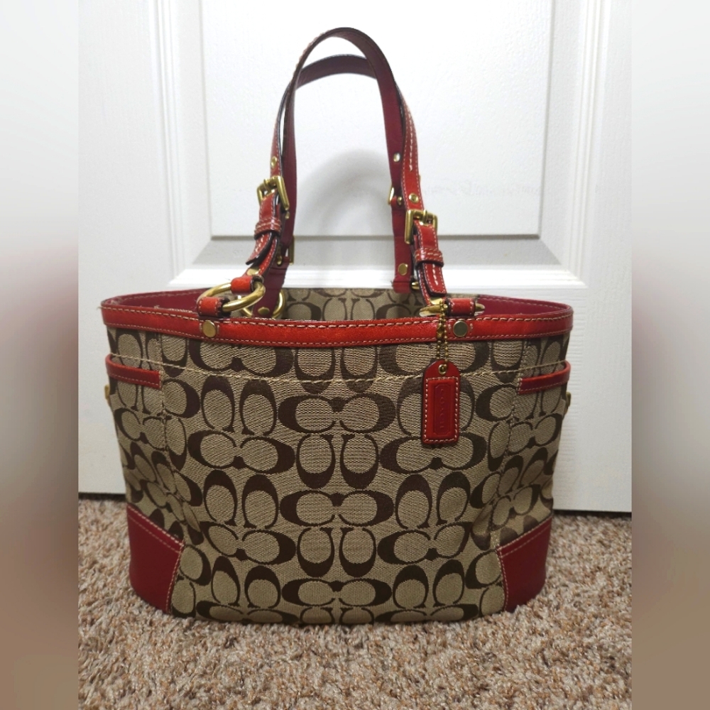 Coach Gallery Signature Jacquard Canvas Leather Trim Tote Handbag Purse 11237